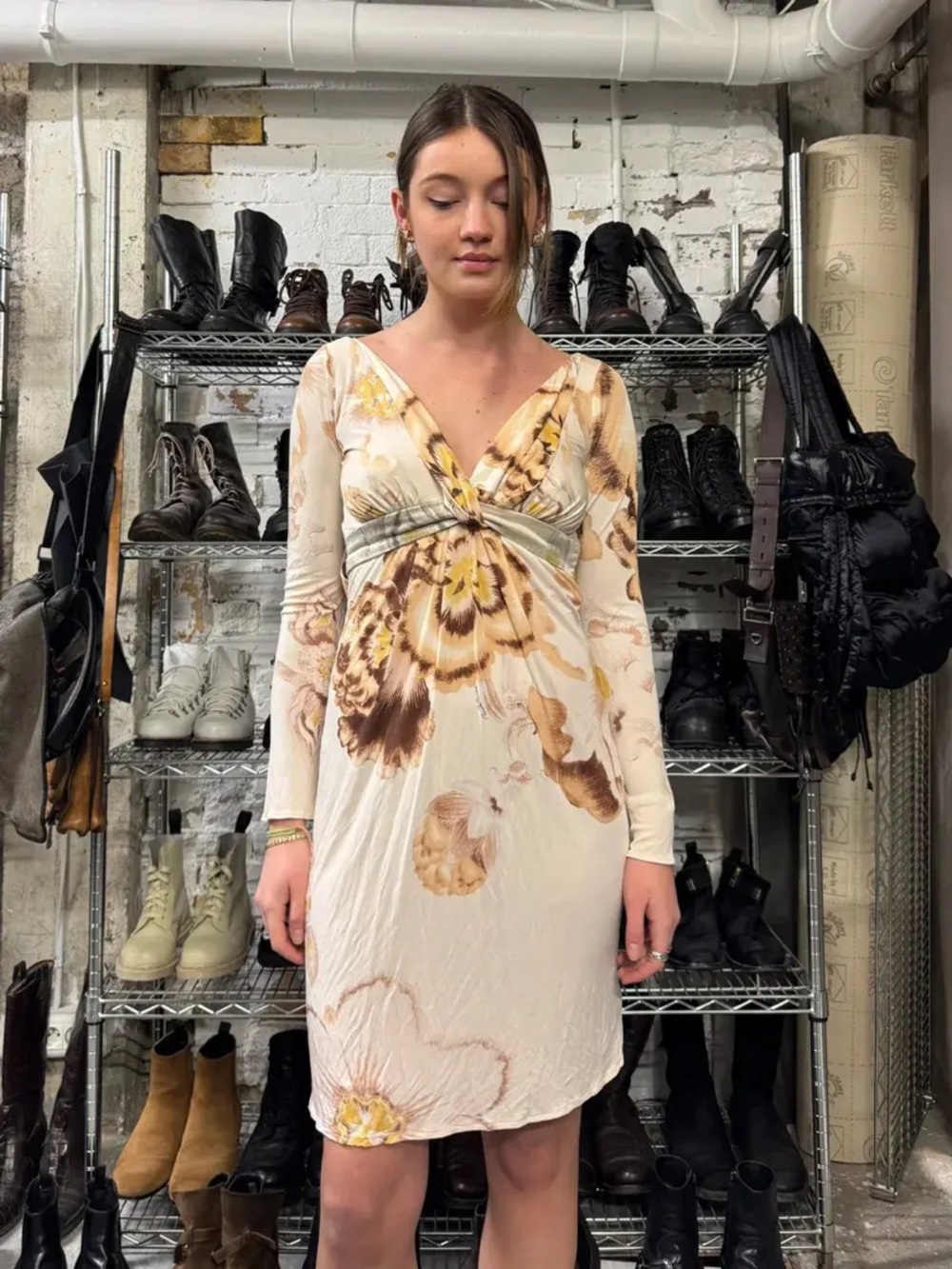 Roberto Cavalli Cream and Brown Floral Slip Dress 40